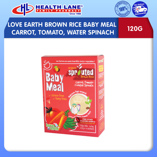 LOVE EARTH BERAS PERANG BAYI MEAL - CARROT, TOMATO, WATER SPINACH (120G)